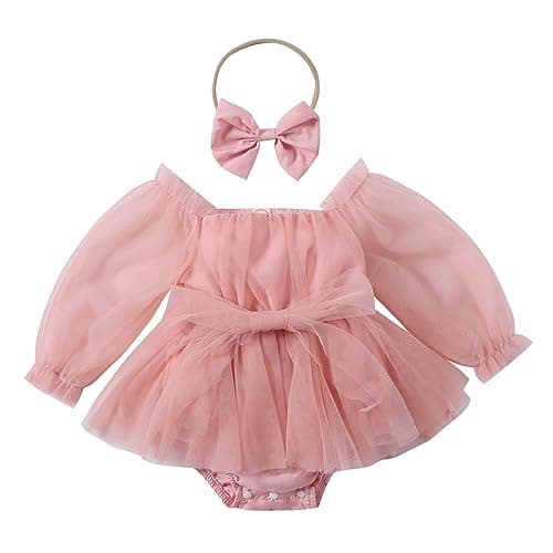 Dresses for Baby Girls 1st First Birthday Party Dress Newborn Fairy Tulle Tutu Bubble Romper Toddlers Long Sleeve Jumpsuit Bodysuit One Year Old Cake Smash Outfit Photo Shooting Dusty Pink 0-3 Months