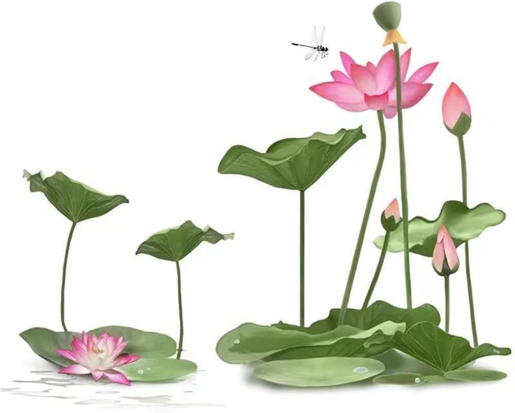 SHUTTLE ART Lotus Flower Wall Decals - Pink Summer Garden Floral Sticker, Plant Leaf Mural, Peel and Stick Self-Adhesive Waterproof Art for Office Decor
