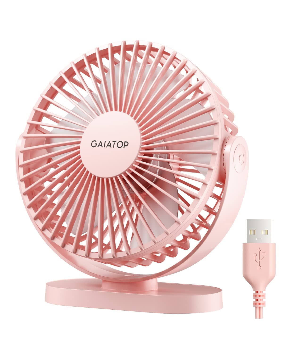 Gaiatop USB Desk Fan, 5.5 Inch Small Quiet Powerful 3 Speeds 90° Rotate, Personal Mini Portable Desktop Table Fans, Cooling for Home Office Car Travel Indoor Outdoor Pink