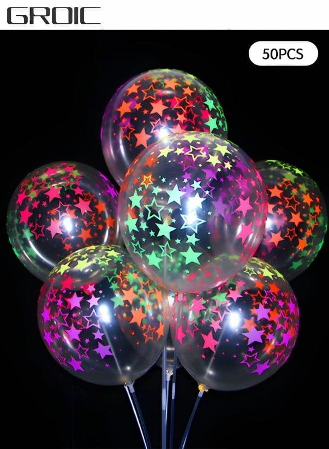 50 Pieces Neon Glow Balloons Stars Glow in Balloons Black Light Fluorescent Arch Party Decoration Balloons Neon Latex Balloons Party Supplies (Clear)