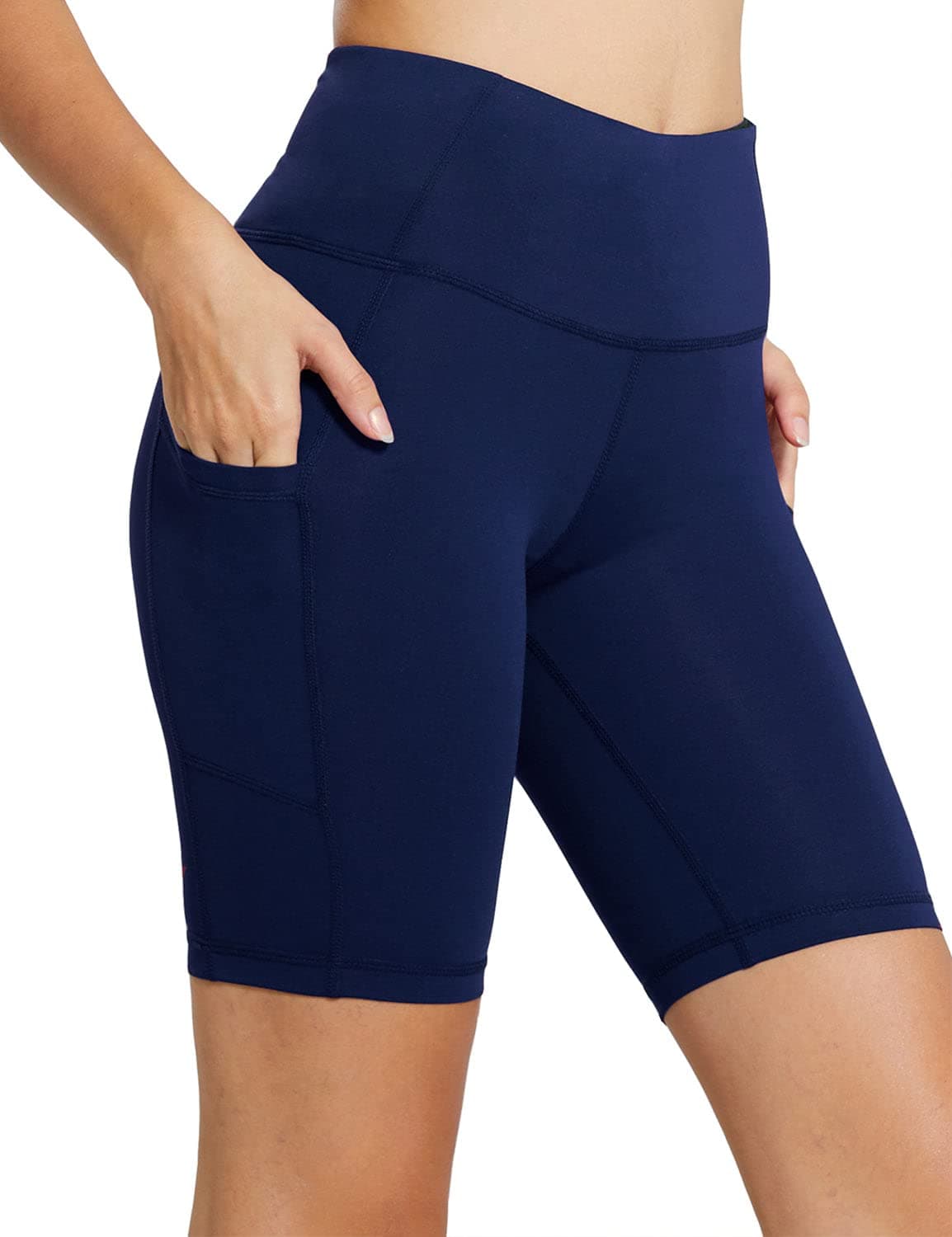 baleaf Biker Shorts Women Yoga Gym Workout Spandex Running Volleyball Tummy Control Compression with Pockets 8" Navy Blue XL