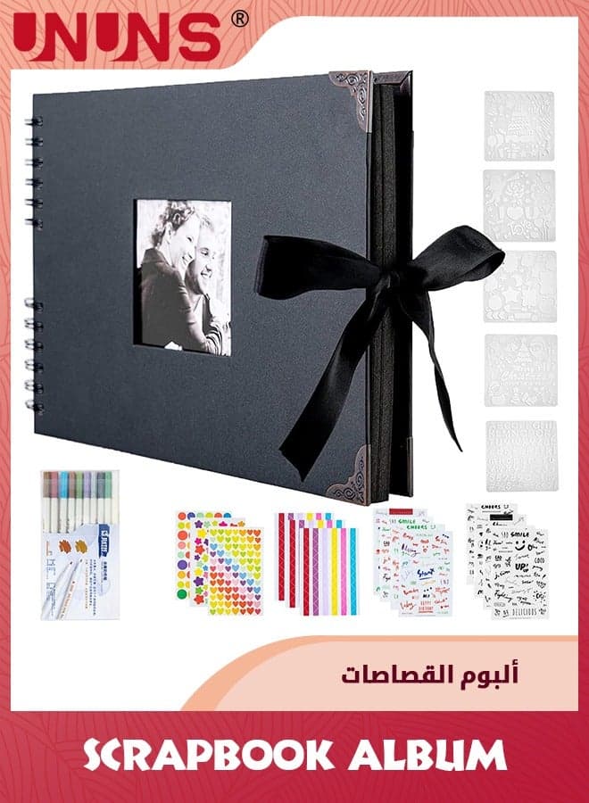Scrapbook Album,80 Page Hardcover Scrap Book Black Craft Paper,DIY Handmade Scrapbooking Kit Inclued Stickers, Artboards, Crayons For Wedding/Anniversary/Graduation/Travelling,Black