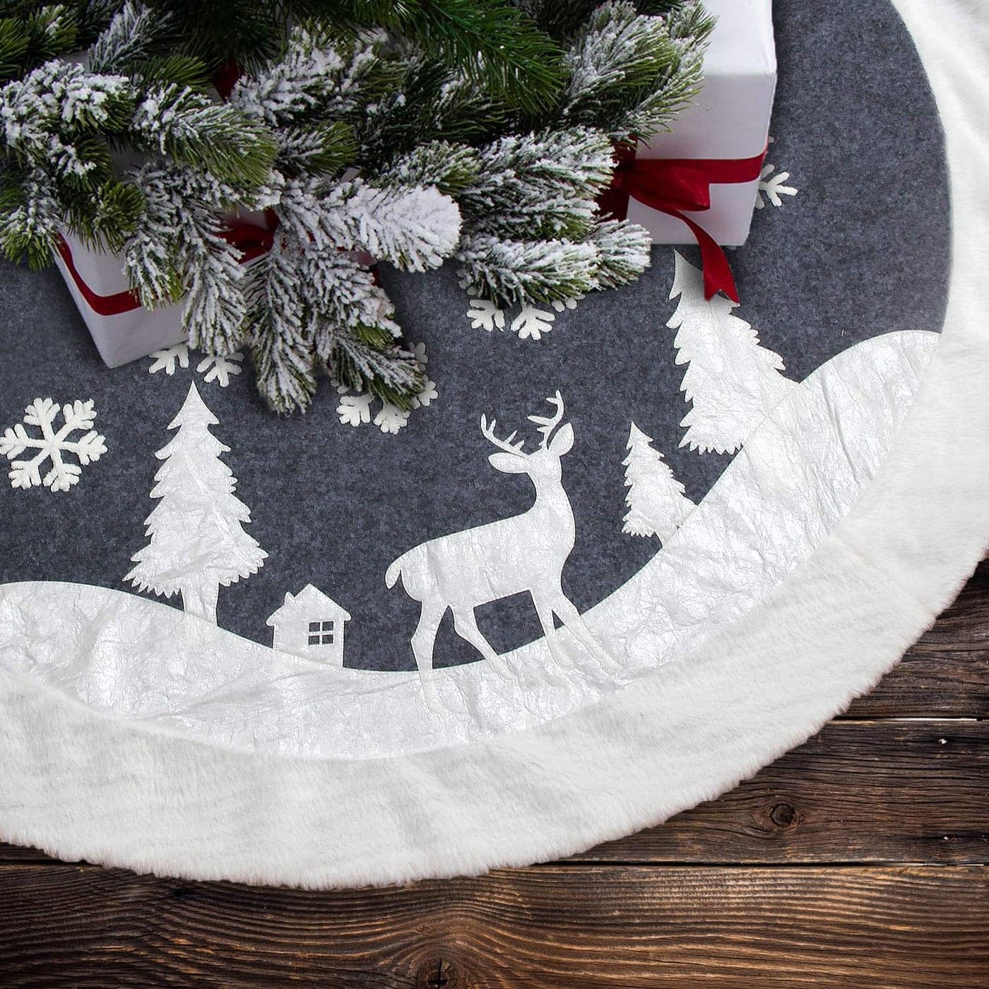 Christmas Tree Skirt Fur Rustic White Xmas Tree SkirtSnowy Christmas Trees Mat Decorations IndoorsDeer and Snowflake Pattern 48 inches White Deer
