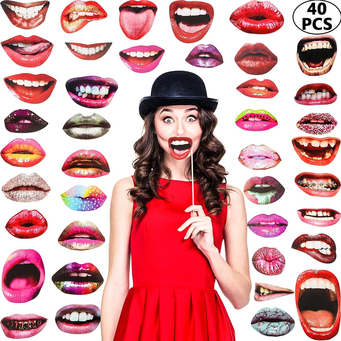 Party Photo Booth Props Funny Mouth Lips Photo Booth Prop Funny Mouth DIY Set with Wood Stick Selfie Props Accessories for BirthdayWeddingGraduationHalloween Party Mouth Lip 40 Pieces