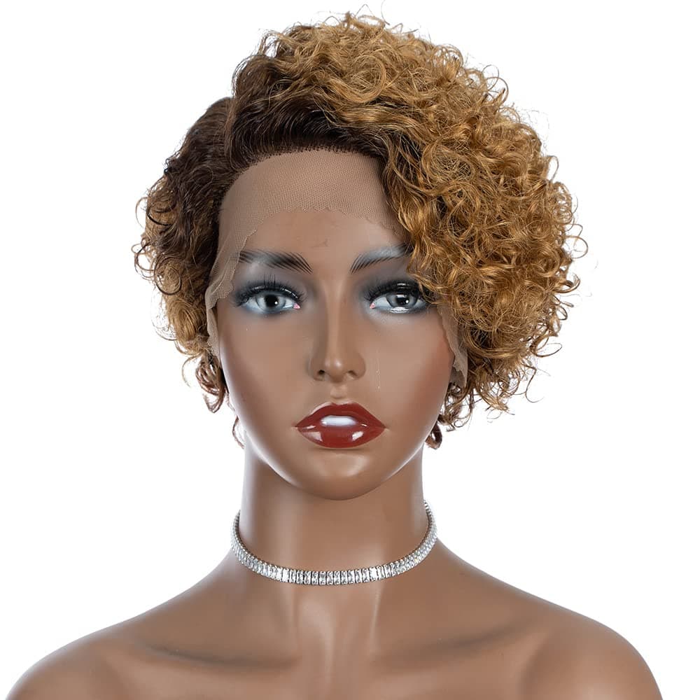 Rebecca Fashion Ombre Brown Blonde Curly Pixie Cut Lace Front Wigs Human Hair Water Wave Short Pixie Cut Wig Side Part 13x55x05 HD Lace Lace Front Wigs Human Hair