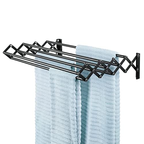mDesign Steel Wall Mount Accordion Expandable Retractable Clothes Air Drying Rack 8 Bars for Hanging Garments Mounted Organizer for LaundryUtility Room Bathroom Garage Bardo Collection Black