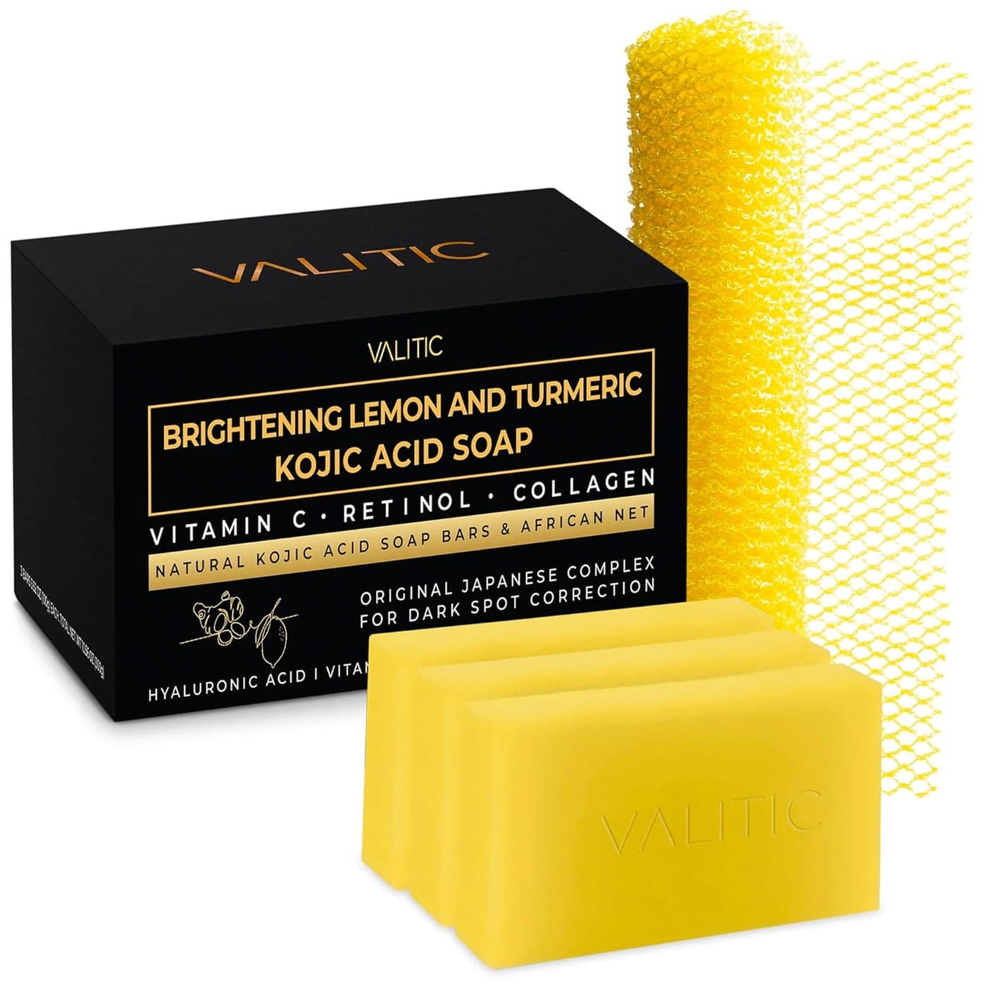 VALITIC Brightening Lemon and Turmeric Kojic Acid Soap Vitamin C Retinol Original Japanese Complex with Hyaluronic Acid Vitamin E Shea Butter Castile Olive Oil 3 Pack and African Net Sponge