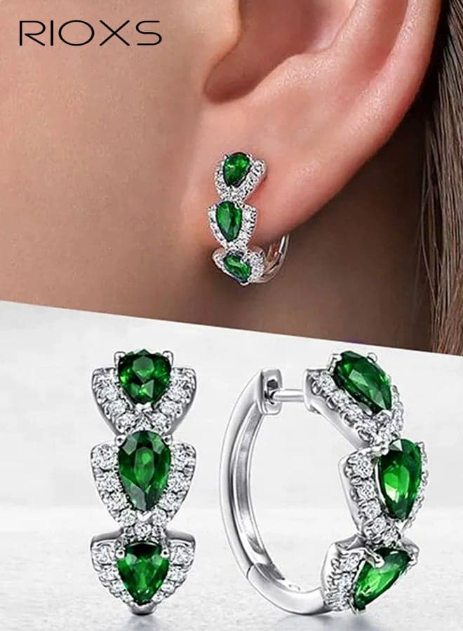 Womens Rhinestone Hoop Earrings, Small Hoops Earrings 18K White Gold Plated Green Cubic Zirconia Hinged Sleeper Tiny Hoop Earrings Trendy Jewelry for Prom Party Dating Anniversary