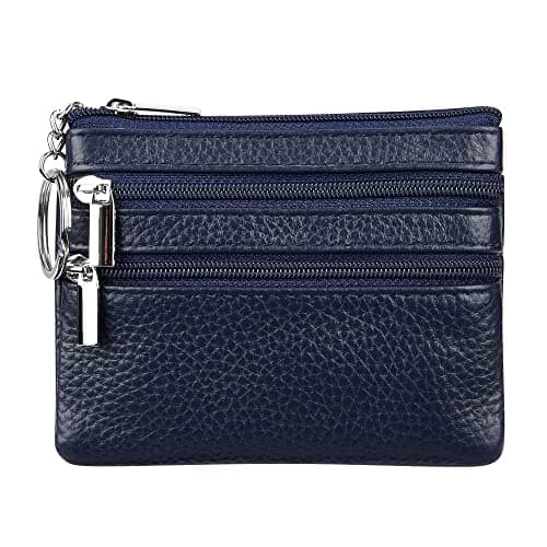 Women's Genuine Leather Coin Purse Mini Pouch Change Wallet with Keychain, navyblue
