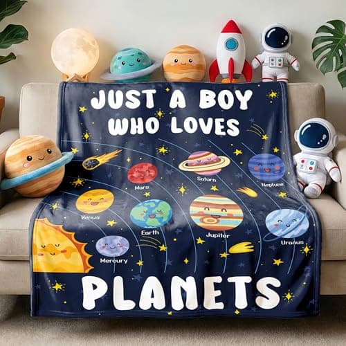 ARTBLANKET Just A Boy Who Loves Planets Solar System Space Throw Blanket Fannel Fleece Super Soft Funny Blanket Travel Throw Blanket for Bed Couch Sofa 40 x 50 Inch for Kid