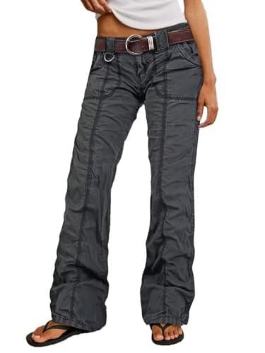 Flamingals Straight Leg Pants for Women Mid Rise Casual Cargo Solid Patch Pockets Stitch Detail Pants Dark Gray 2XL