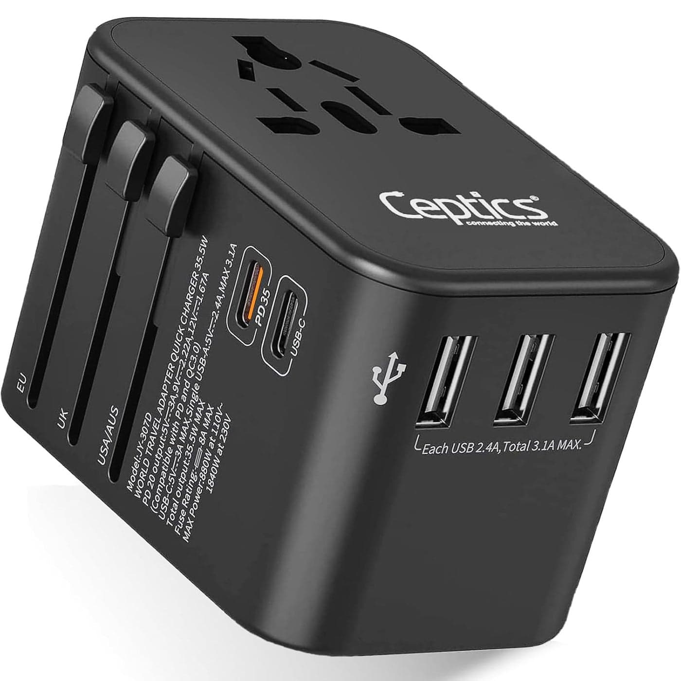 Ceptics Universal Charger Adapter 35W 6 in 1 International Travel Adapter Universal Plug Socket with 10 Years Warranty PDQC 30 1x USBC 3 USB Fast Charging Worldwide Travel Adapters