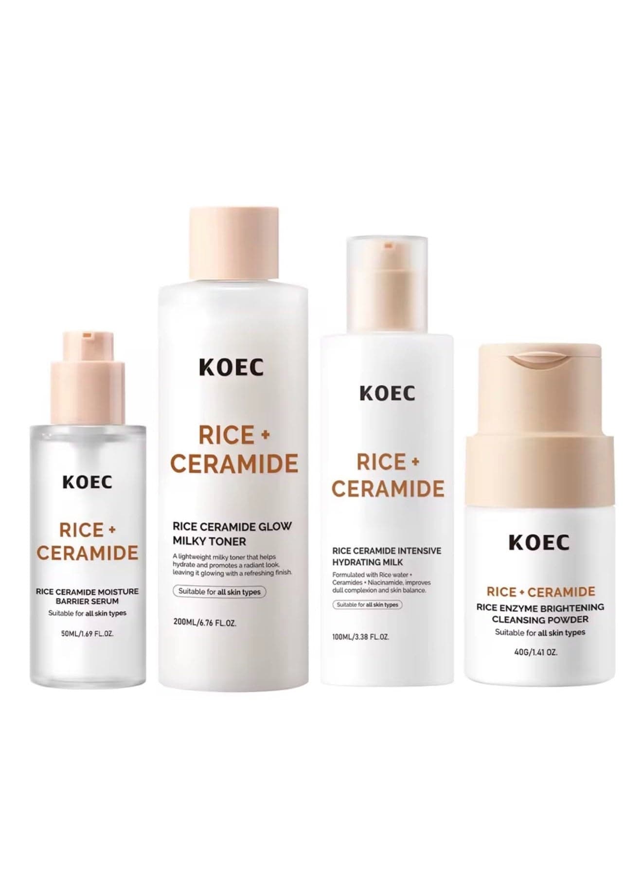 KOEC Rice + Ceramide 4-Piece Skincare Set - Moisture Barrier Serum, Glow Toner, Hydrating Milk & Brightening Cleansing Powder | All Skin Types