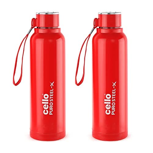 Cello Puro Steel-X Benz 900 PU Insulated Water Bottle Set of 2, 900 ml Each, Red | BPA Free, Leakproof, ISI Certified |Hot & Cold Bottle for Gym, Office, College, Travel, Camping, Sports & Yoga