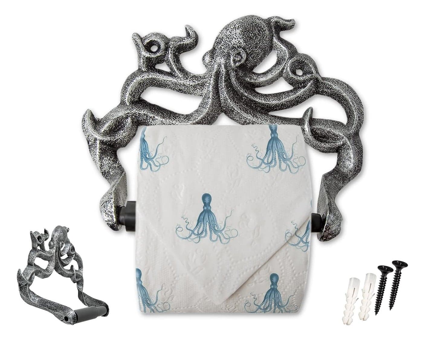Decorative Cast Iron Octopus Toilet Paper Roll Holder Wall Mounted Octopus Decor for Bathroom Kraken Nautical Bathroom Accessories Included Screws and Anchors Silver Black