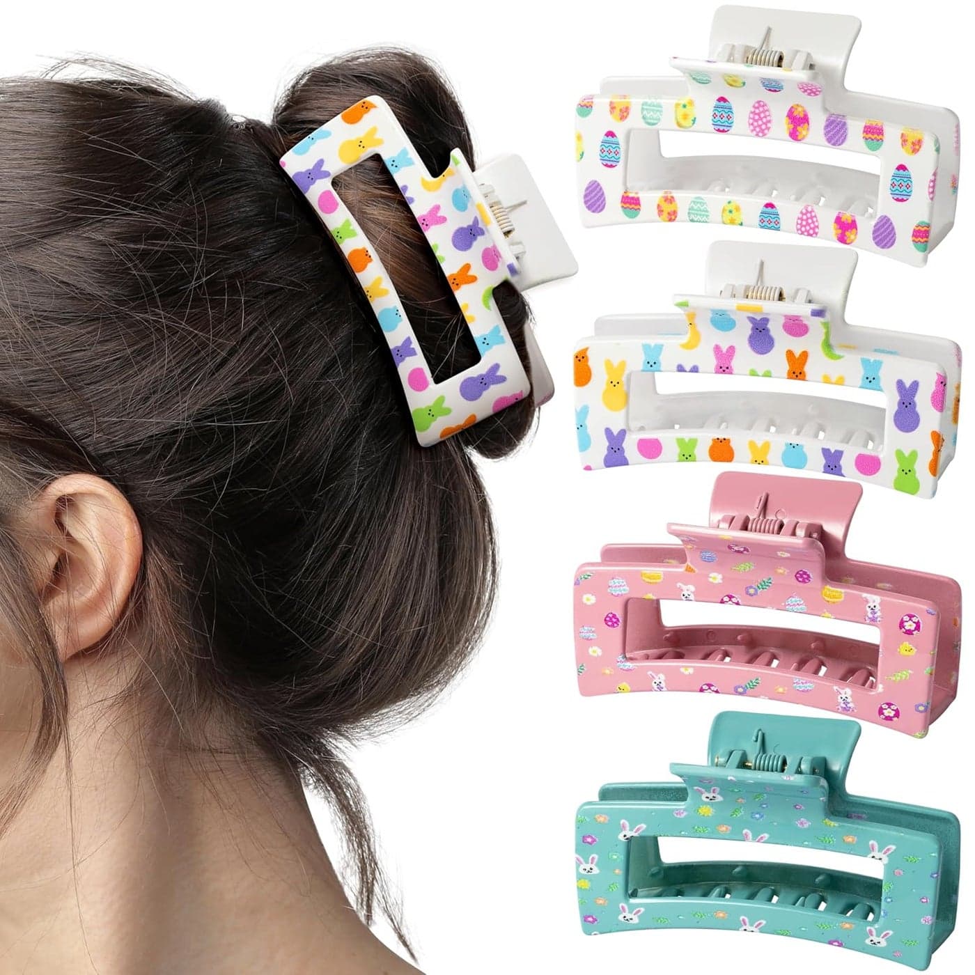 PANTIDE 4Pcs Easter Hair Claw Clips for Women Girls Cute Bunny Peeps Rabbit Egg Rectangle Nonslip Banana Hair Clips Thin Thick Short Long Curly Accessories Easter Spring Party Birthday Gift