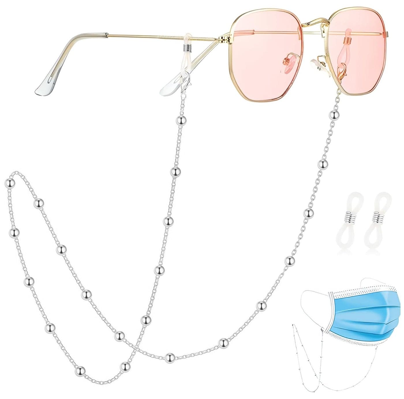 TecoKart Sliver Eyeglass Specs Holder Strap | Anti-slip Spectacle Chain with Stylish Beads | Elegant Specs Chain for Women | Secure & Fashionable Eyewear Accessory