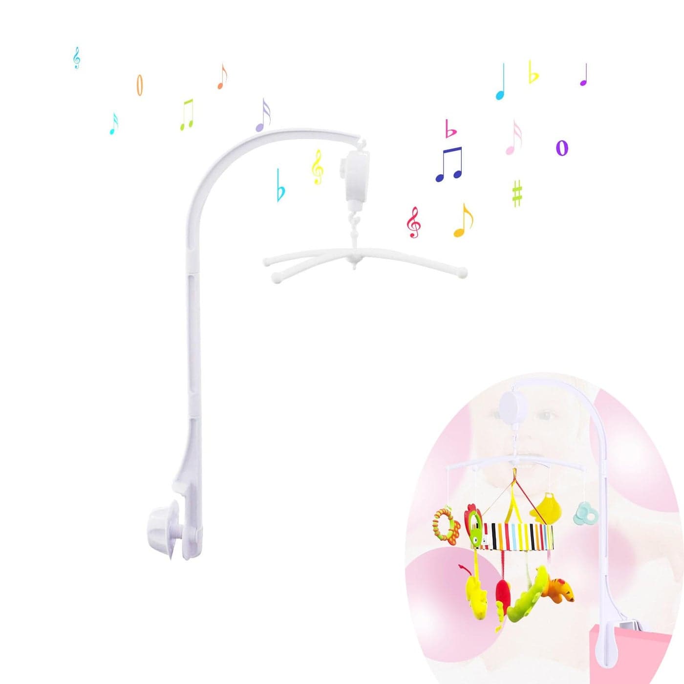 26inch White Baby Crib Mobile Music Box Bed Bell Toy Holder Arm Bracket Nut Screw Music Box Holder Set Parts for Baby Bed Perambulator Without Dolls
