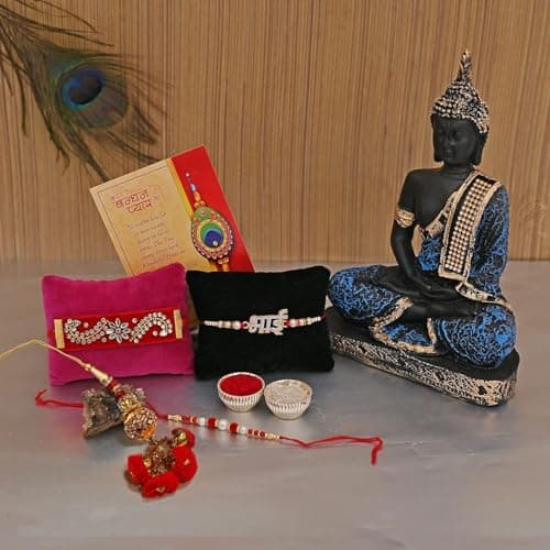 Combo Rakhi Gift for Brother and Bhabhi Kids with Buddha Gift Set,Meditating Buddha Showpiece Rakshabandhan Gifts for Bhai Sister - Fancy Rakhi with Gift