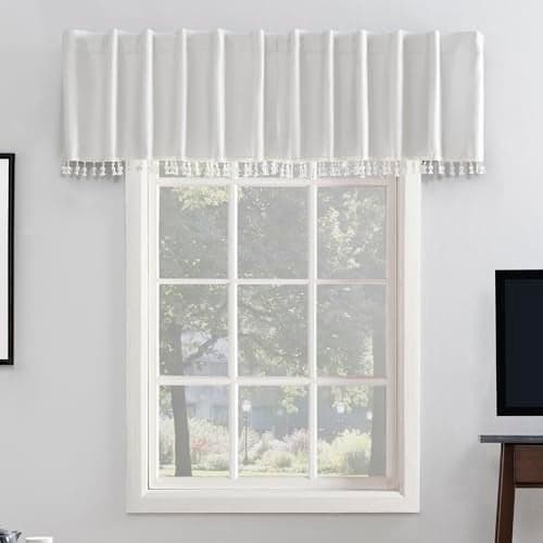 Sun Zero Greyson Faux Dupioni Silk Beaded Tassels Thermal Extreme Total Blackout Back Tab Curtain Valance, 50" x 17", Pearl White