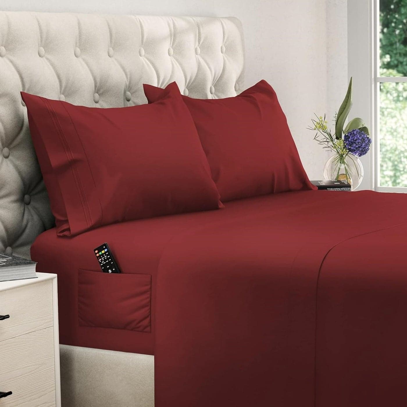 DREAMCARE Queen Size Sheets Cooling Bed Sheets 4pcs Set up to 15 Deep Pocket Queen Sheet Set Sheets Queen Size Bed Soft Long Lasting 100 Fine Brushed Polyester with Side Pocket Brgndy