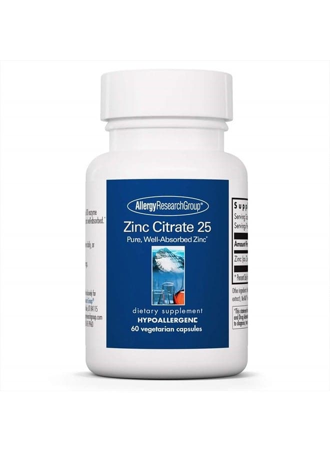 Zinc Citrate Supplement - 25mg Zinc for Men & Women, Immune Support, Pure, Well-Absorbed, Well-Tolerated, Trace Mineral, Vegetarian Capsules - 60 Count