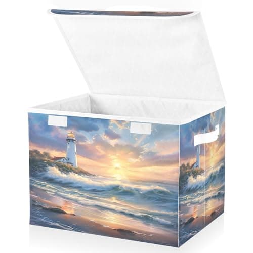 senya Large Storage Bins with Linen Collapsible Foldable Storage Cubes Fabric Closet Organizer Containers box with FlipTop Lid for Home Bedroom Office 167 x 126 x 118in Seaside Scenery