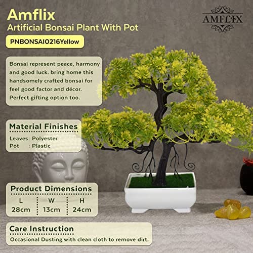 Amflix Artificial Plants for Home Decor, Realistic Bonsai Plant with Pot, Aesthetic Gift Items for Interior Decoration, Mini Pots with Flower and Leaves for Bedroom, Living Room Office (Yellow)