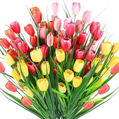 Yungyan 20 Bundles 100 Heads Artificial Tulips Multicolor Fake Tulips No Fade Faux Plastic Flower Arrangement for Mother's Day Wedding Garden Table Centerpiece(Rose Red, Orange, Pink, Yellow)