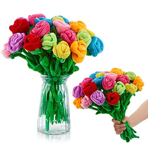 Deekin 24 Pcs Graduation Plush Rose Flowers Colorful Stuffed Flower Plush Bouquet Bendable Stems 12.5 Inch Plant Soft Roses for Wedding Marriage Holiday Women Wife Mother Gift Decoration Supply