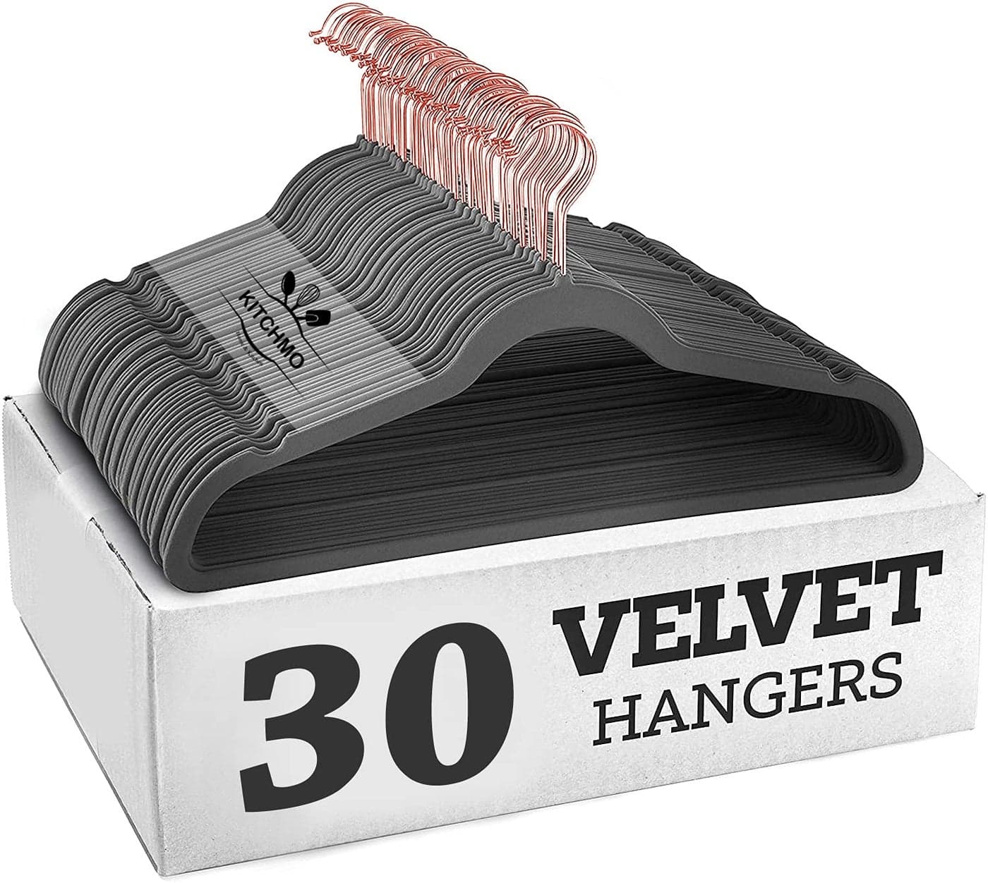 KITCHMO- Premium Velvet Hangers Non Slip Velvet Suit Hangers Rose Gold Hooks,Space Saving Clothes Hangers Velvet Hangers Non-Slip 360 Degree Swivel Hook Clothes Hangers Velvet (Grey, Pack of 30)
