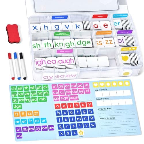 JoyCat 265 Phonics Magnetic Letter Tiles Hooked on Phonics ABC Reading Games Set with WordBuilding Folder Storage Case Letter Sound Alphabet Letters Preschool Pre k Classroom Materials