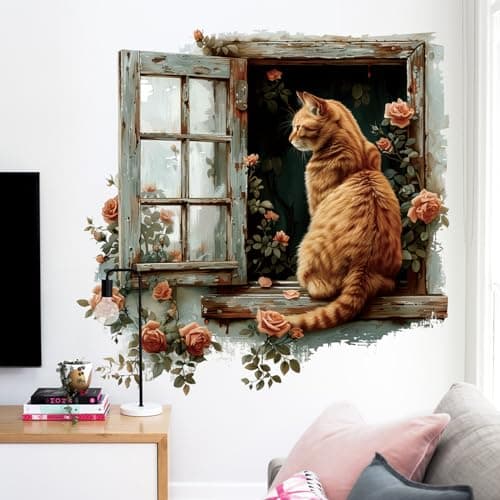 RAINBOW WSK Flower Fake Window Wall Sticker Cute Cat Floral Wall Decals Peel and Stick Vintage Peony Rose Faux Window Decor Kawaii Kitten Decal for Kids Girls Room Bedroom Living Room ZDB32