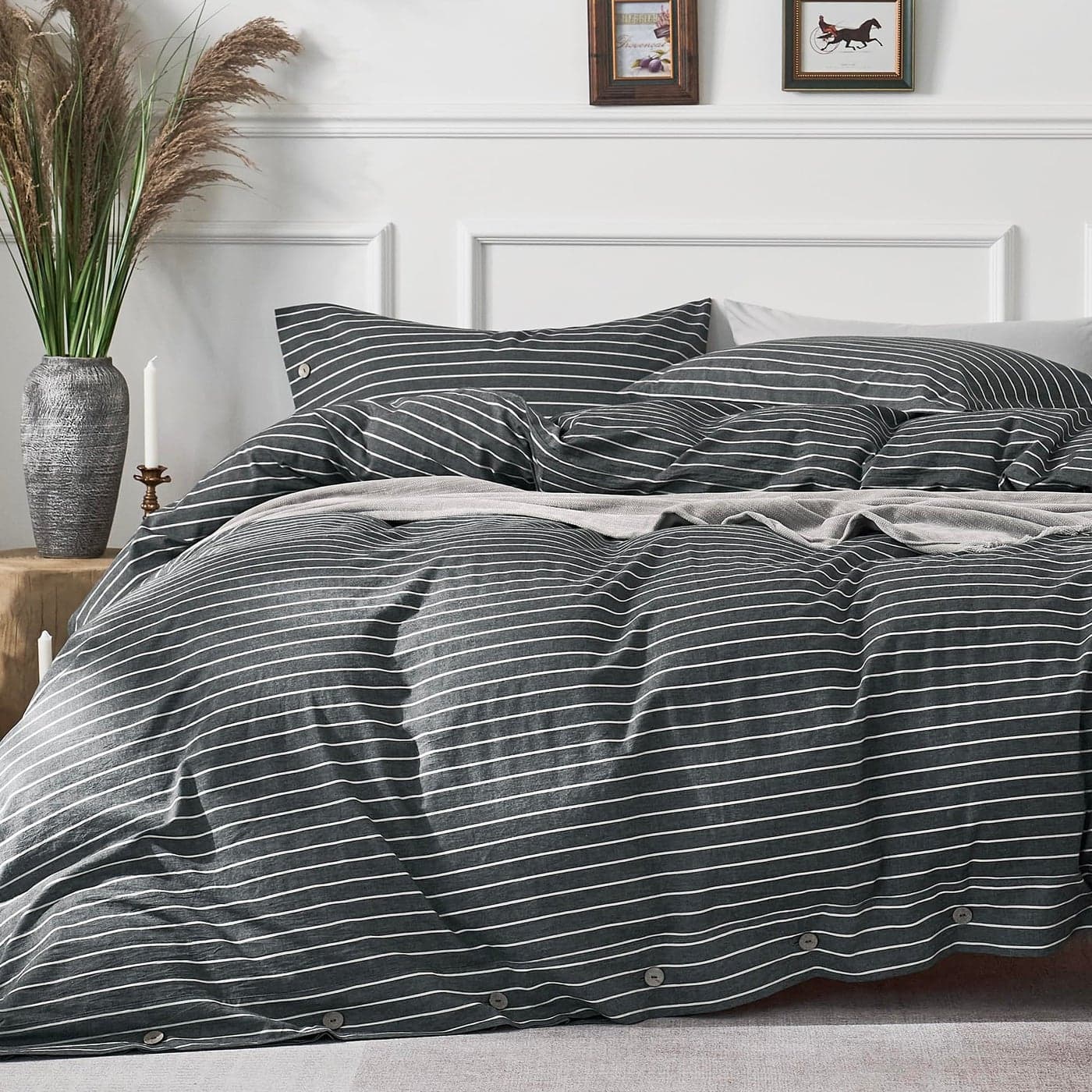 JELLYMONI Cotton Duvet Cover Twin Size Gray Pinstriped Comforter Cover with Button 100 Washed Cotton 2PCS Breathable Soft Solid Bedding Set Duvet Cover 6890in 1 Pillowcase NO Comforter