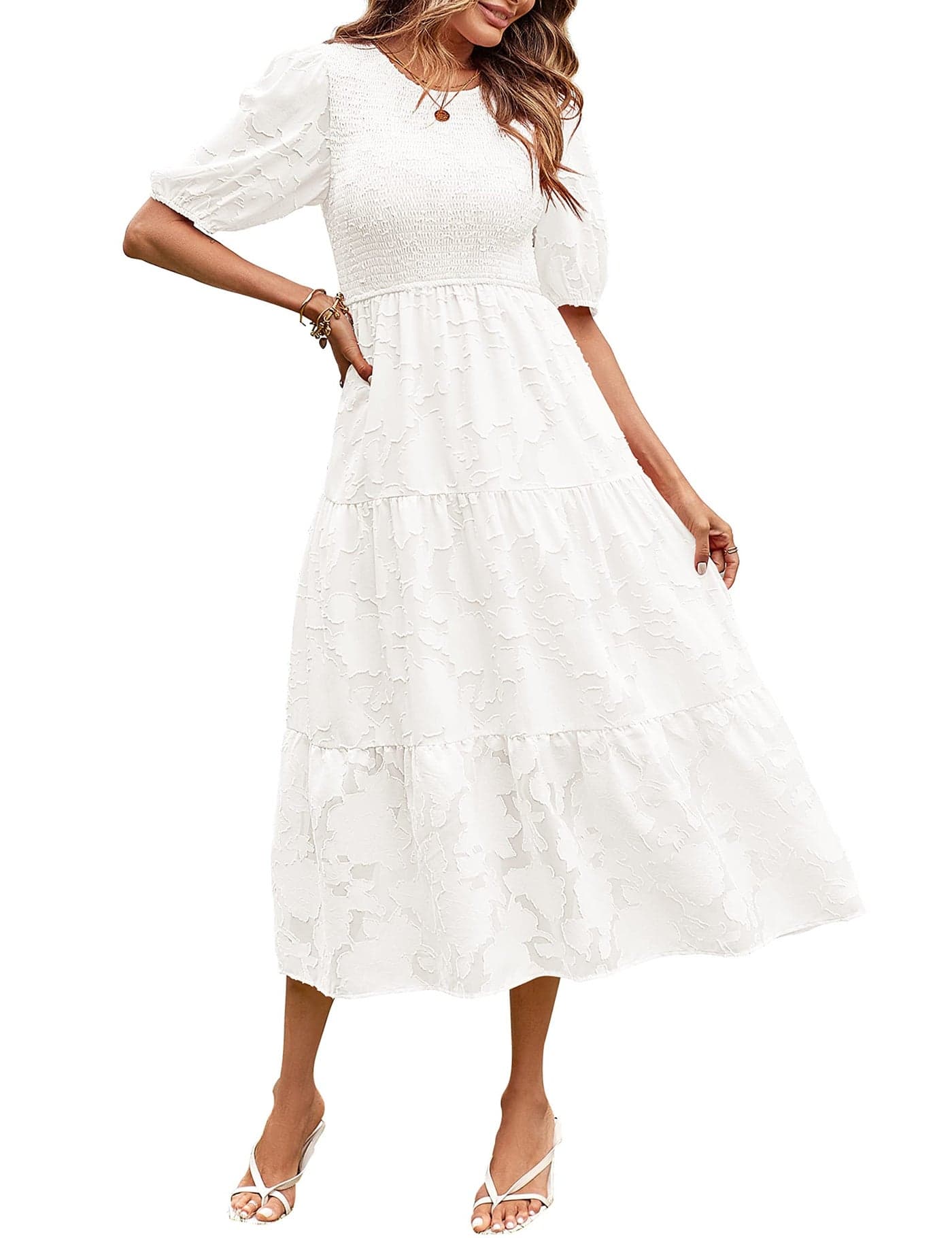 MEROKEETY Women's 2025 Summer Puff Sleeve Smocked Floral Dress Crewneck Lace Flowy Tiered Midi Dresses,White,M