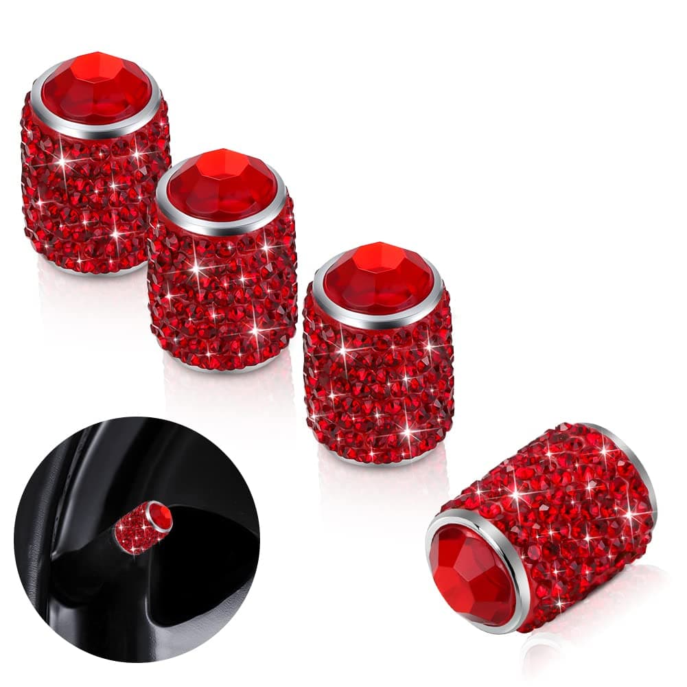 Bling Tire Stem Valve Caps Crystal Tire Caps Shinny Rhinestone Universal Car Dustproof Tire Valve Caps for Car SUV Motorcycle Bicycle Truck Red