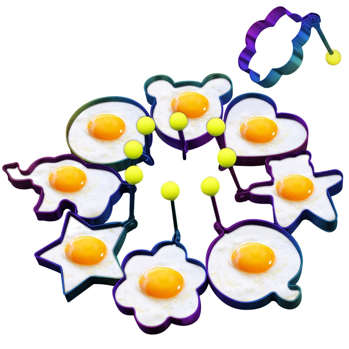 Slomg Rainbow Set Fried Egg Rings Molds Non Stick for Griddle Pan Egg Shaper Pancake Maker with Handle Stainless Steel Egg Form for Frying Cooking 8pcs