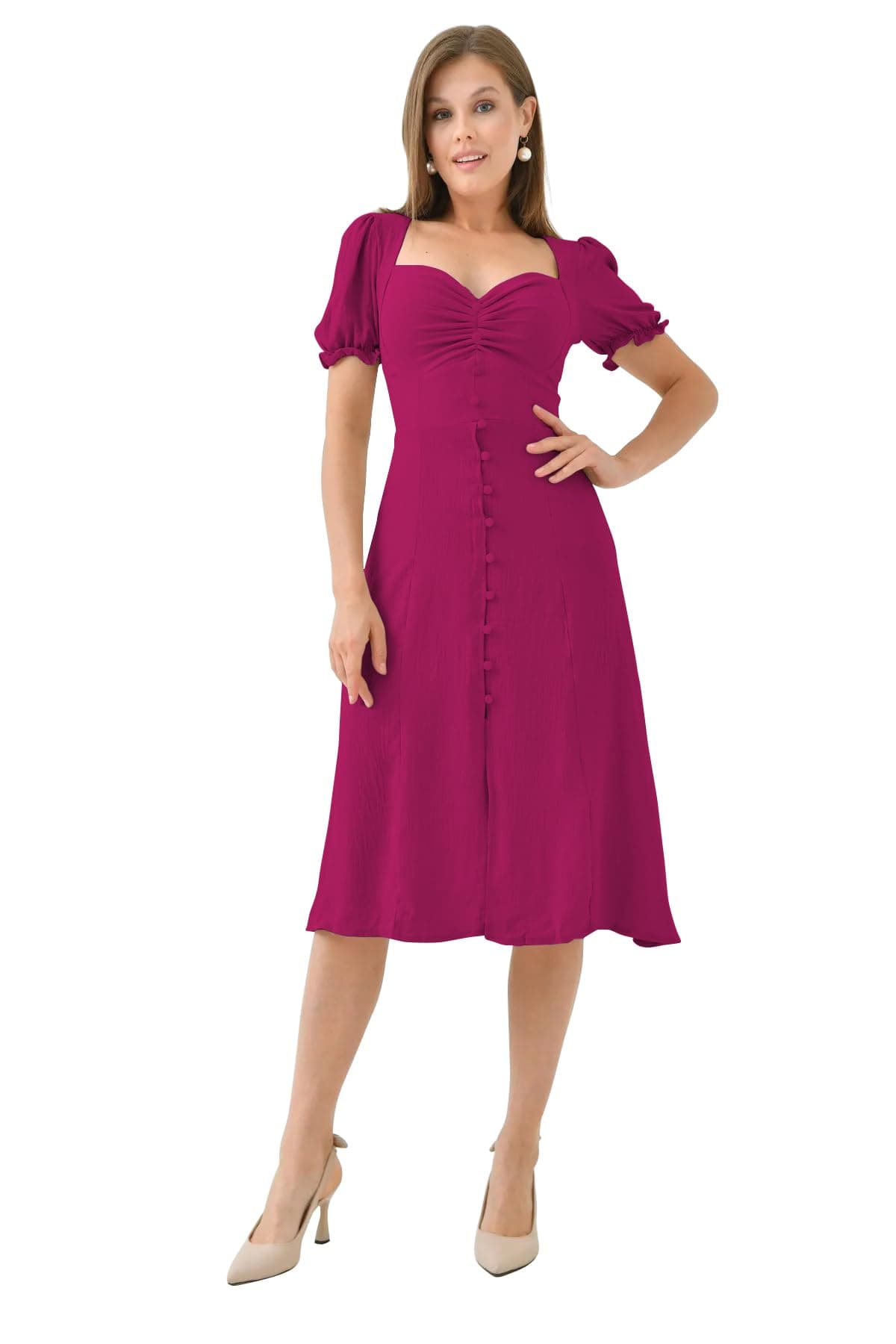Shasmi Girl's & Women's Solid Hot Pink Midi Dress – Elegant Square Neck Button-Down Dress with Puff Short Sleeves | Stylish Casual & Party & Office Wear Outfit (Dress 105 Hot Pink-S)