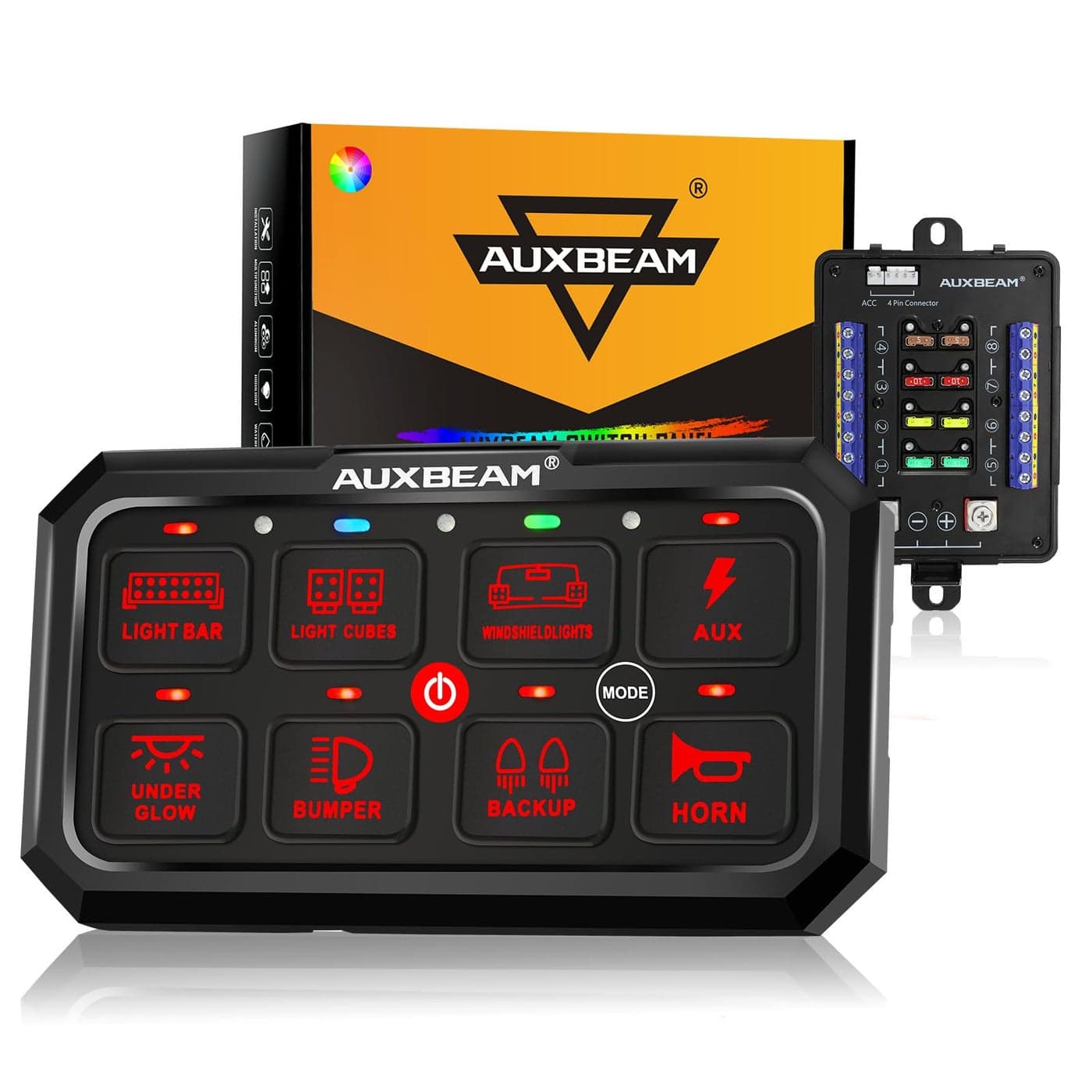 Auxbeam 8 Gang Switch Panel RB80 XL 53 Inch RGB Switch Pod Toggle Momentary Pulsed 1224V Led Switch Panel Auxiliary Circuit Control Relay System for Truck Car Offroad UTV Waterproof 2 Years Warranty