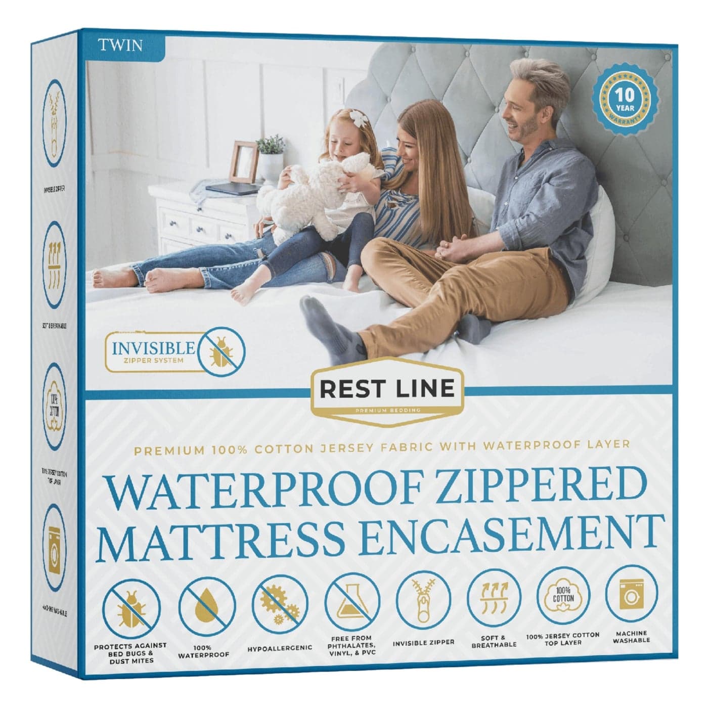 Rest Line Premium Waterproof Zippered Mattress Encasement Twin Size 39X75 100 Cotton Hypoallergenic Bed Bug Proof Six Sided Mattress Cover Invisible Zippered Soft Breathable up to 15 Deep