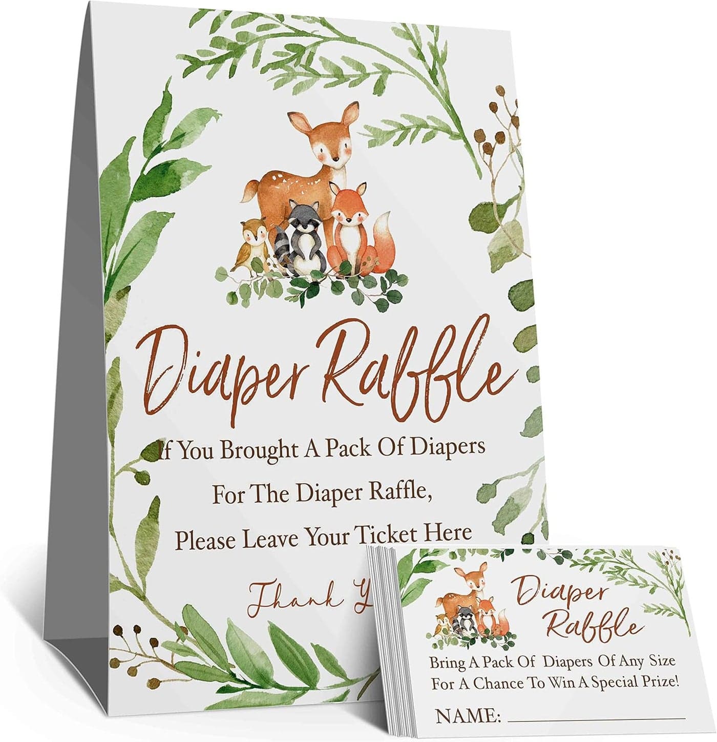skuhyyg Woodland Diaper Raffle Tickets Diaper Raffle Sign Watercolor Eucalyptus leaves Woodland Diaper Baby Showers Watercolor Woodland Forest Animals Insert Ticket1 Sign50 Cards