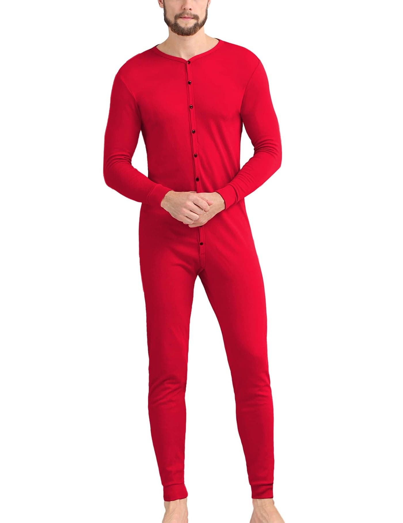 COLORFULLEAF Mens Cotton Thermal Underwear Union Suits Henley Onesies Base Layer Red L