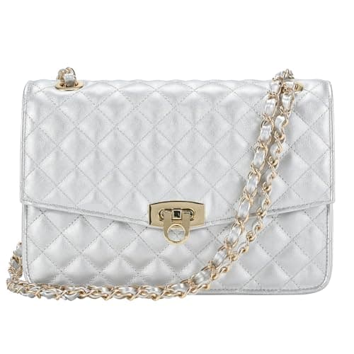 GM LIKKIE Quilted Shoulder Bag for Women, Medium Flap Crossbody Handbag with Chain Strap, Soft Vegan Leather Clutch Purse (Silver)