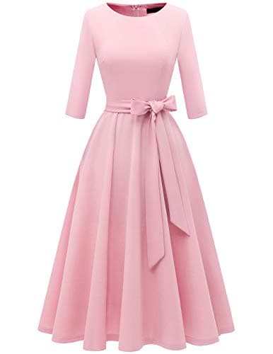 DRESSTELLS Women's Cocktail Dresses, Formal Wedding Guest Holiday Tea Party Dress Knee Length, Long Sleeve Bridesmaid Graduation Evening Baby Shower Brithday Gala Modest Aline Fit Flare, Pink L