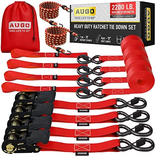 AUGO Ratchet Straps Heavy Duty 4 Pack -15 FT - 2200 LB Break Strength – with Safety Lock S Hooks - Cargo Straps for Moving, Appliances, Motorcycle – Soft Loop Tie Downs