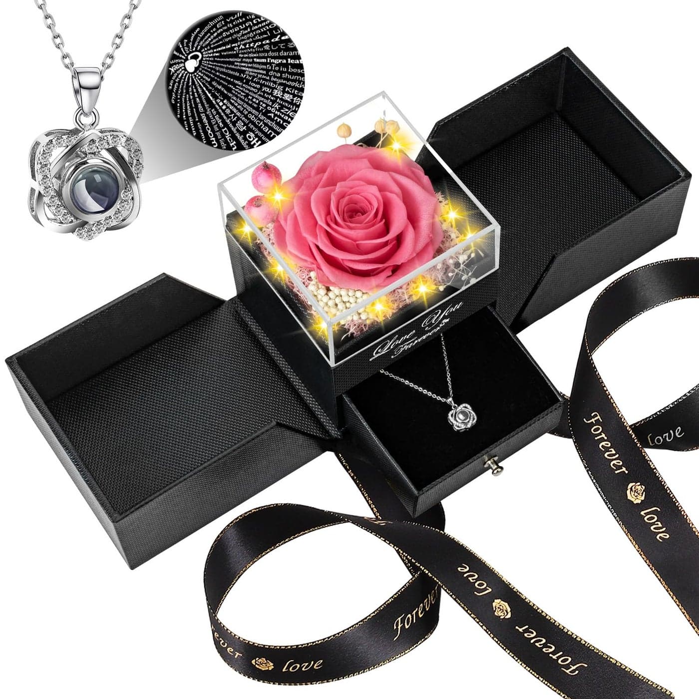 Lebana Preserved Pink Real Rose with Heart I Love You Necklace Eternal Flowers Rose Birthday Gifts for Her Mom Wife Girlfriend Grandma on Valentines Mothers Day Christmas Anniversary RomanticPink