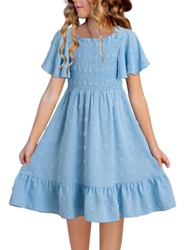 blibean Tween Girls Summer Dress Teen Girl Chiffon Flower Boho Dresses Big Kids Flutter Short Sleeve Homecoming Clothes Wedding Swiss Dots Vestidos Niñas Size 8-9 Years Old Sky Blue