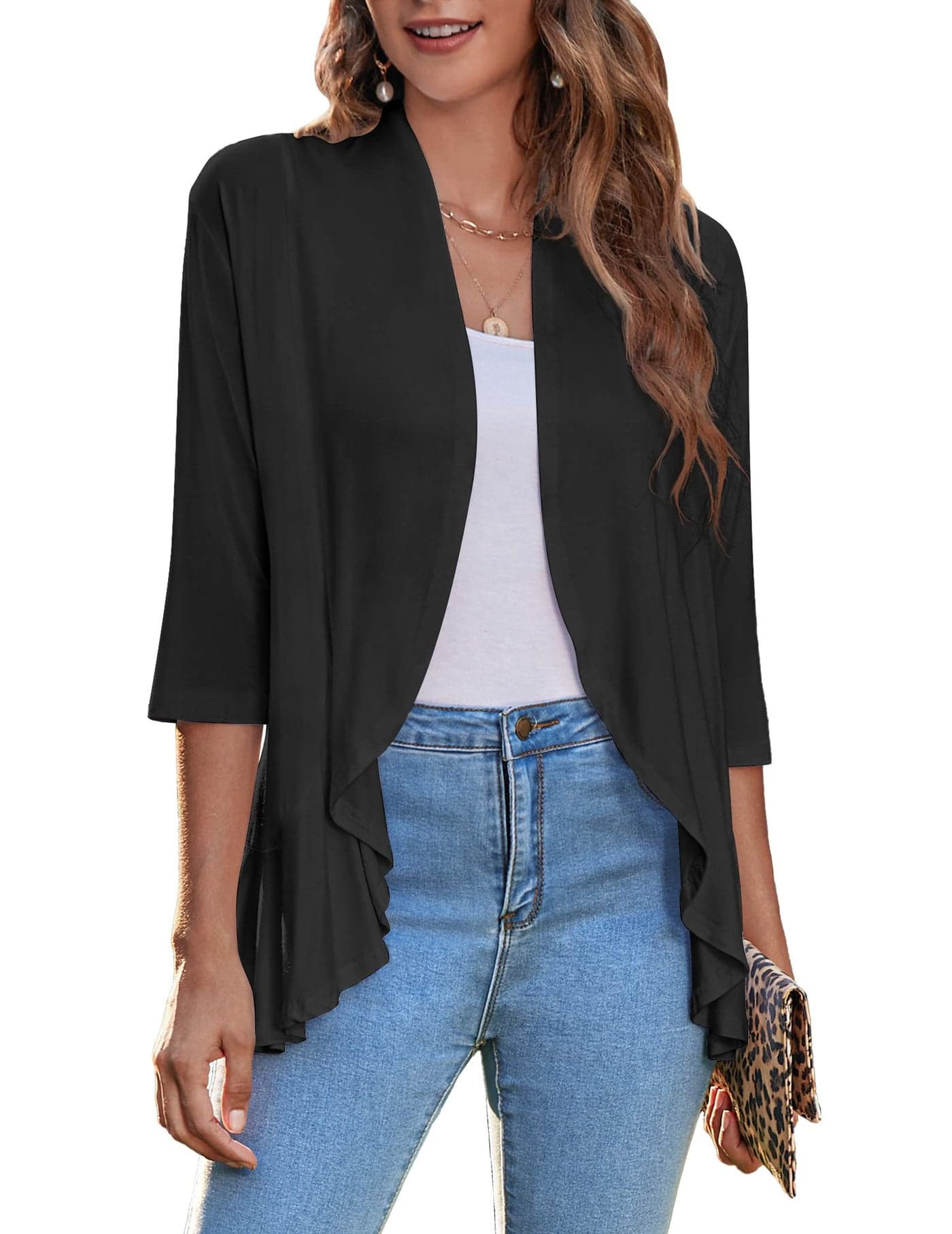 Zeagoo Women's Open Front 3/4 Sleeve Draped Ruffles Knit Cardigan Small Black