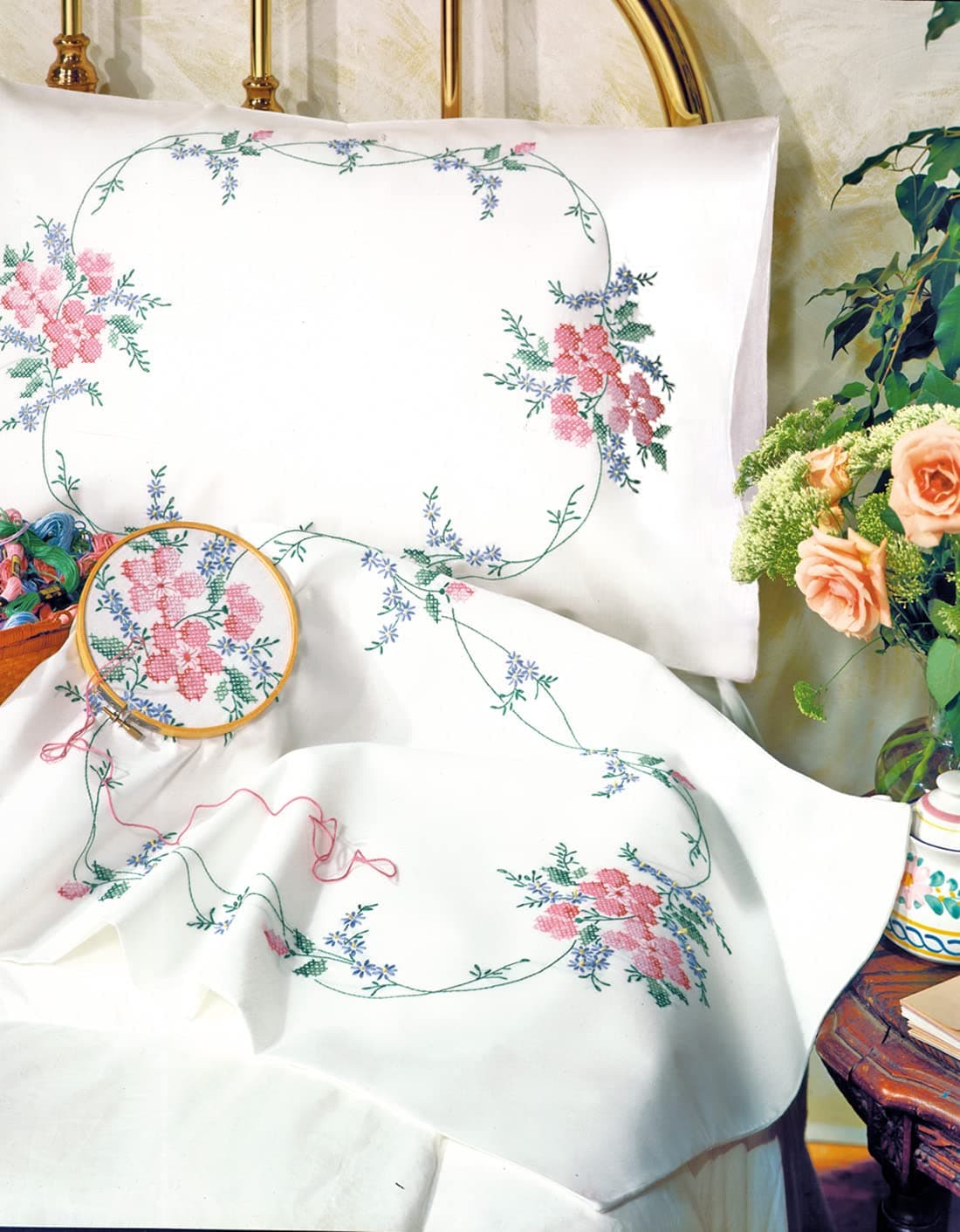 Tobin Stamped Pillowcase Pair for Embroidery 20 by 30Inch Wild RoseStandard230080