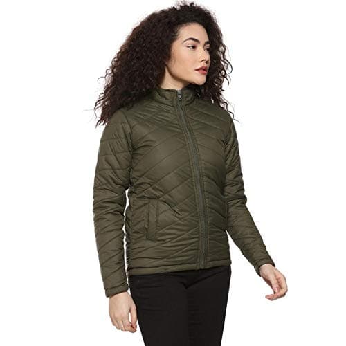Campus Sutra Women's Olive Green Puffer Regular Fit Bomber Jacket for Winter Wear | Standing Collar | Full Sleeve | Zipper | Casual Jacket for Woman & Girl | Western Stylish Jacket for Women